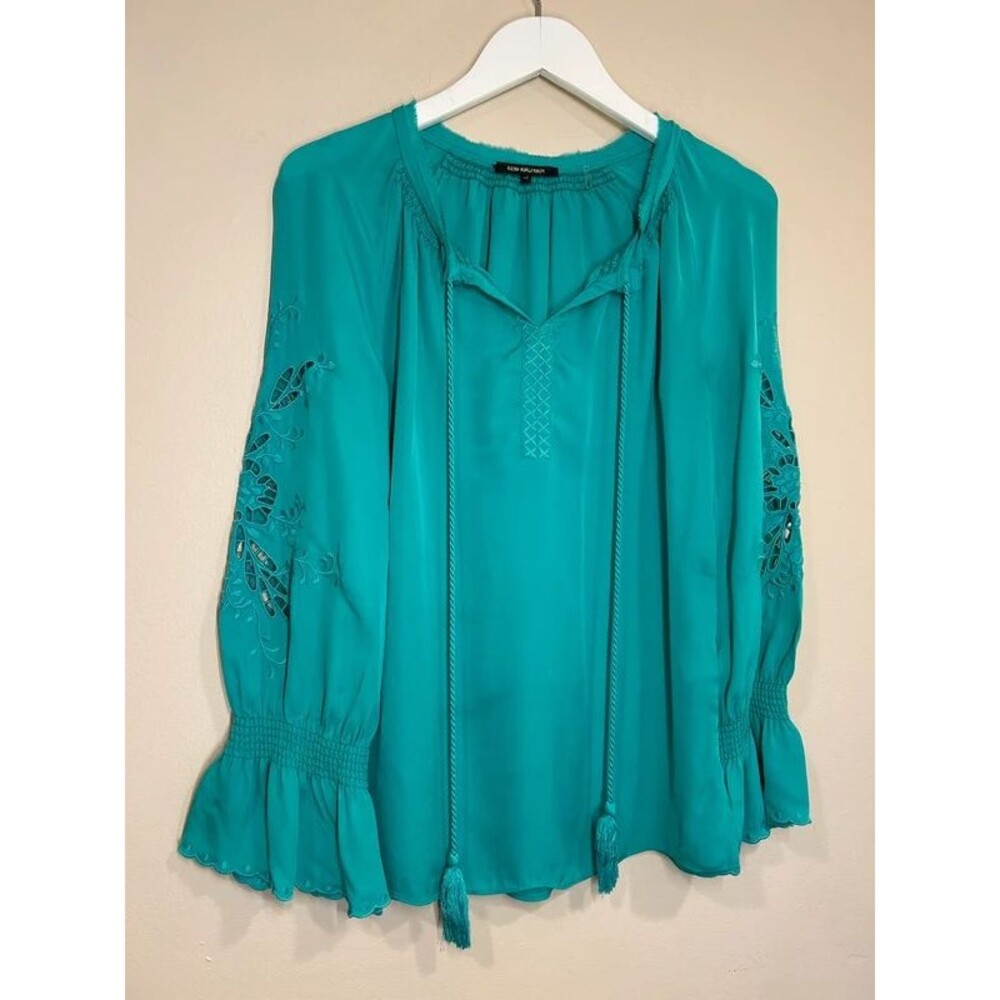 Kobi Halperin Teal XS Women's Embroidered Cutout Silk Blouse